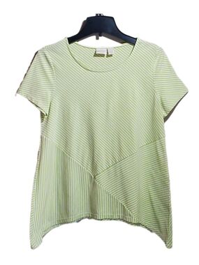 Chico's Light Lime Green Striped Short-Sleeve Tee & Asymmetrical Hem